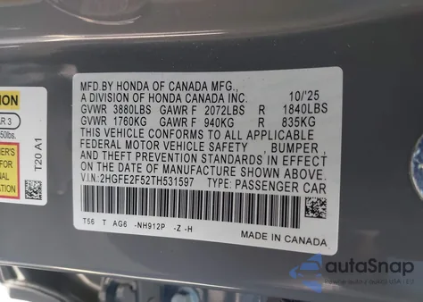 2026 Honda Civic Sport из США, поврежденный, VIN 2HGFE2F52TH531597